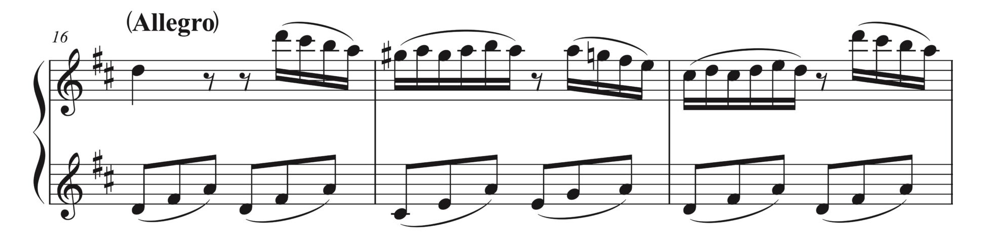 モーツァルト「ピアノソナタ ニ長調 K.576 第1楽章」16-18小節の楽譜。左手バスのフィンガーペダルと同音連打の処理方法を説明するための譜例。