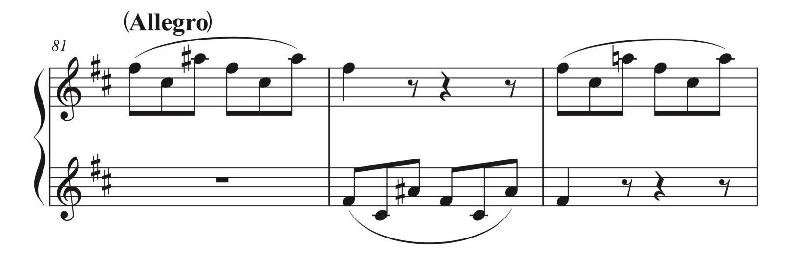 モーツァルト「ピアノソナタ ニ長調 K.576 第1楽章」81-83小節の楽譜。展開部から再現部への移行における肘の使い方を示している。