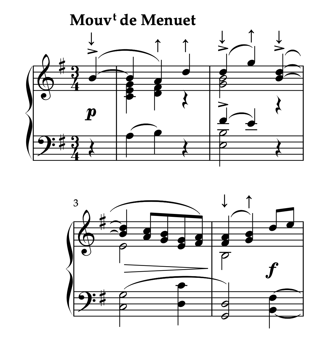ラヴェル「ハイドンの名によるメヌエット」1-4小節の楽譜。ダウンとアップの動作によるニュアンスの付け方を解説。