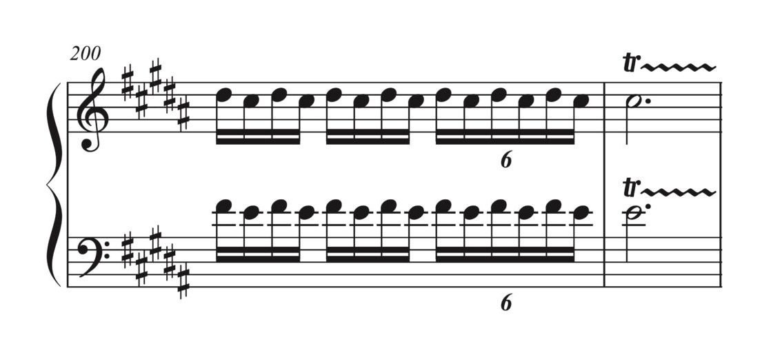 ショパン「ポロネーズ 第7番 Op.61 変イ長調 幻想」200-201小節の楽譜。書き譜トリルと記号トリルの併用が示されている。