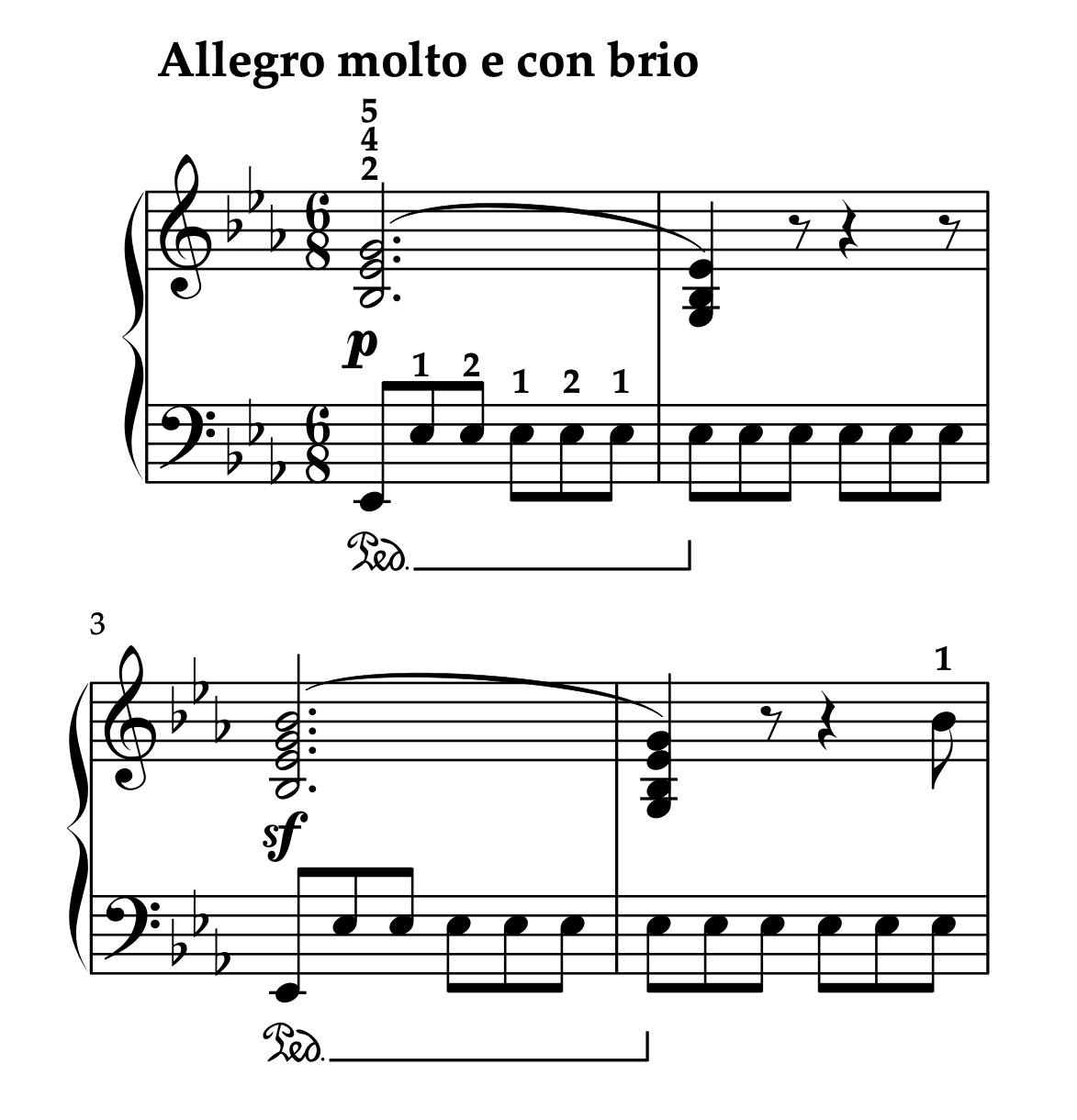 ベートーヴェン「ピアノソナタ 第4番 変ホ長調 Op.7 第1楽章」の楽譜、1-4小節。