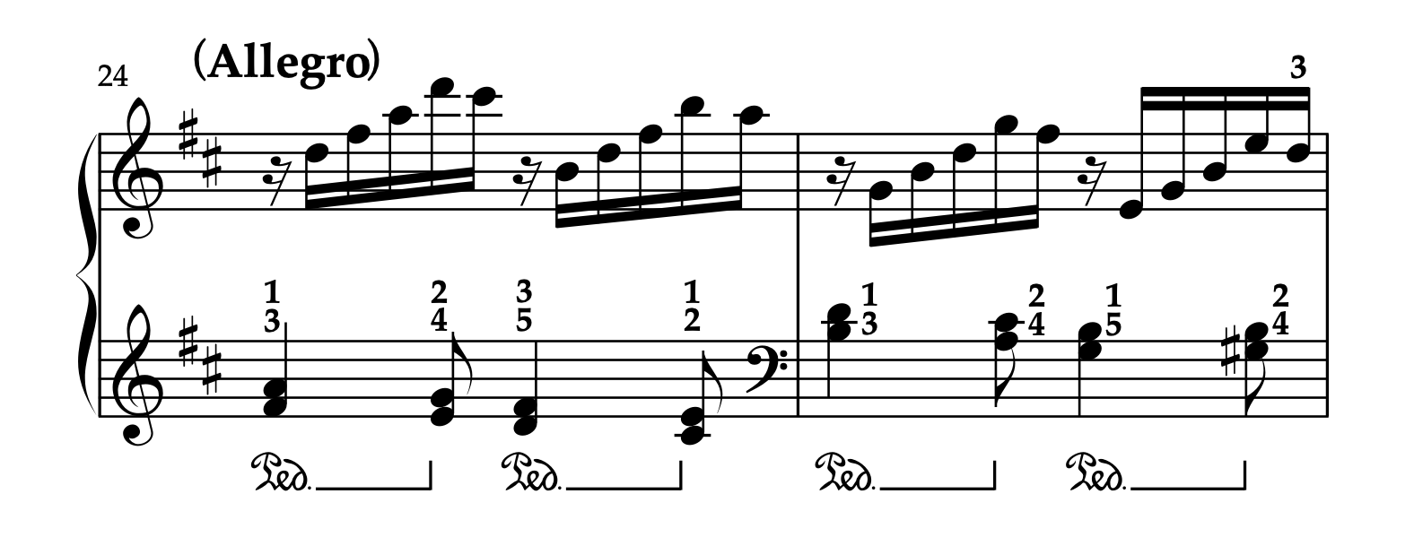 モーツァルト「ピアノソナタ ニ長調 K.576 第1楽章」24-25小節の楽譜。運指とペダリングの参考例を示している。