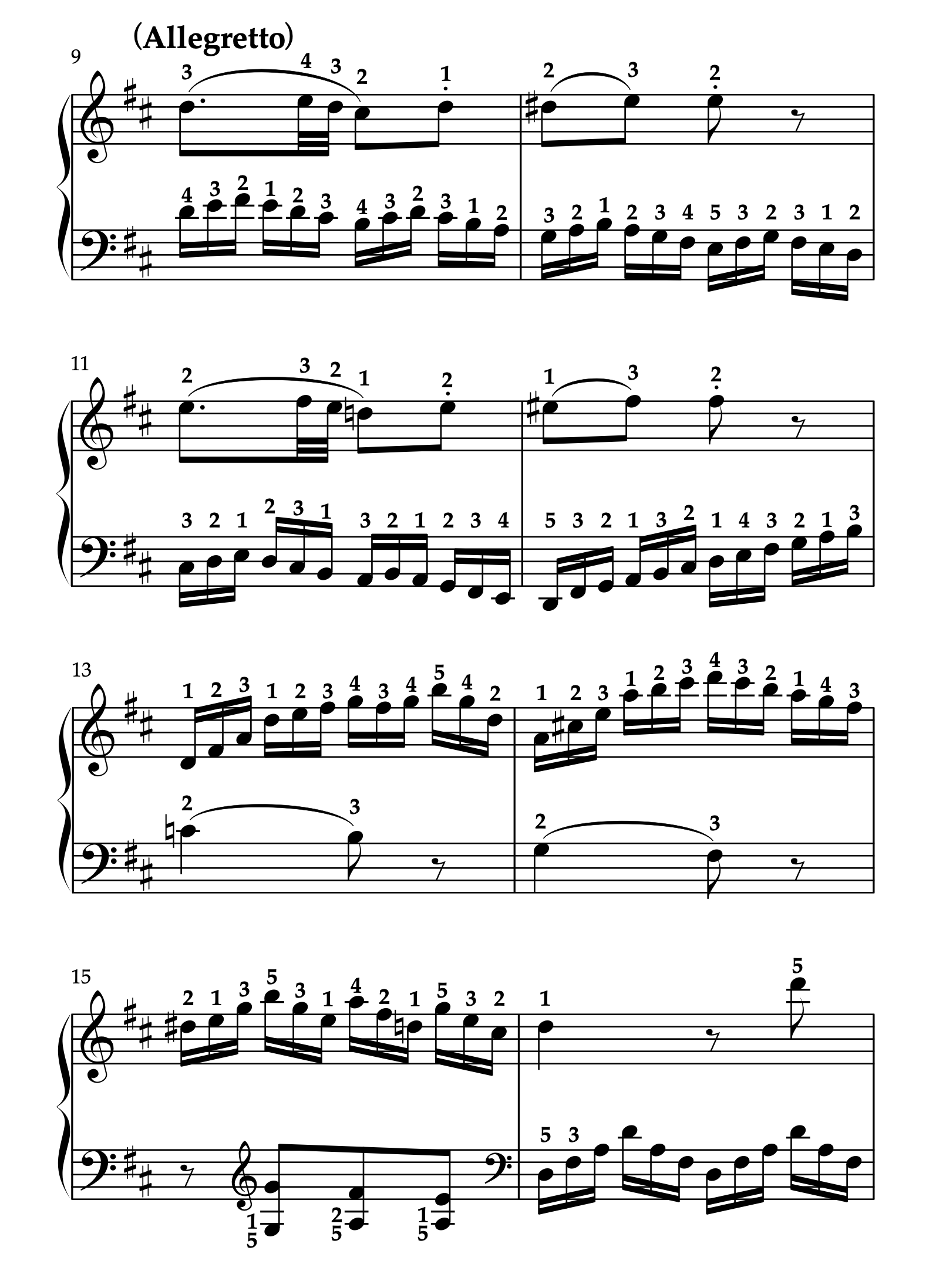 モーツァルト「ピアノソナタ ニ長調 K.576 第3楽章」9-16小節の楽譜。左手伴奏と右手メロディのバランスに関する運指参考例を示している。