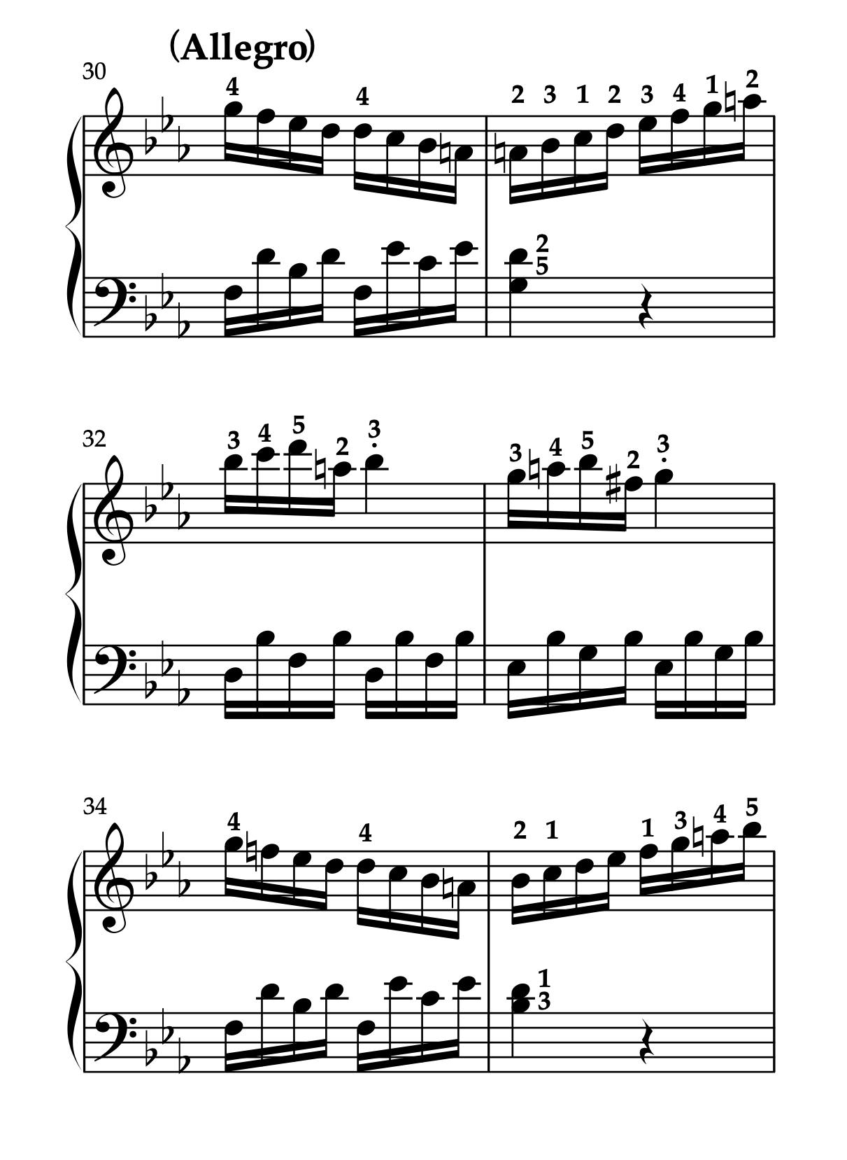 モーツァルト「ピアノソナタ 変ホ長調 K.282 第3楽章」30-35小節の譜例。運指の参考を示す。