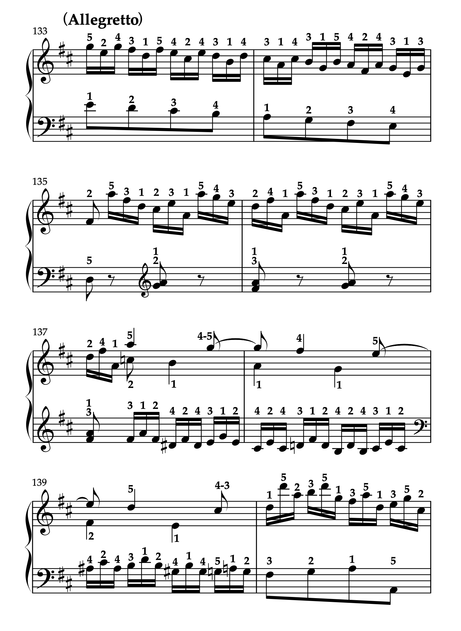 モーツァルト「ピアノソナタ ニ長調 K.576 第3楽章」133-140小節の楽譜。再現部の運指参考例を示している。