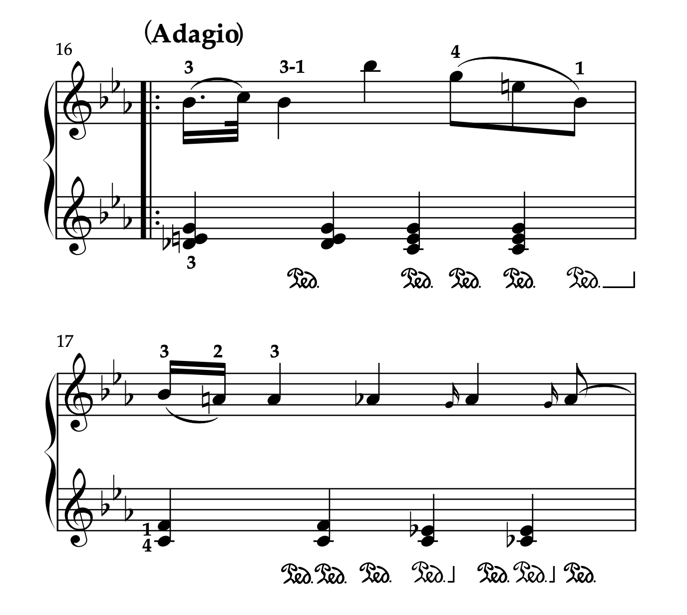 モーツァルト「ピアノソナタ 変ホ長調 K.282 第1楽章」16-17小節の譜例。運指とペダリングの参考を示す。