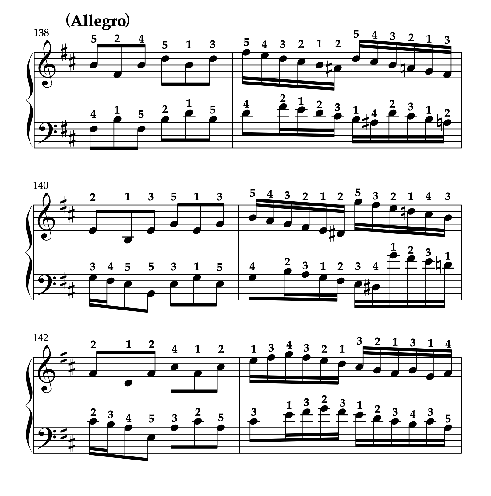 モーツァルト「ピアノソナタ ニ長調 K.576 第1楽章」138-143小節の楽譜。コーダ冒頭の運指参考例を示している。