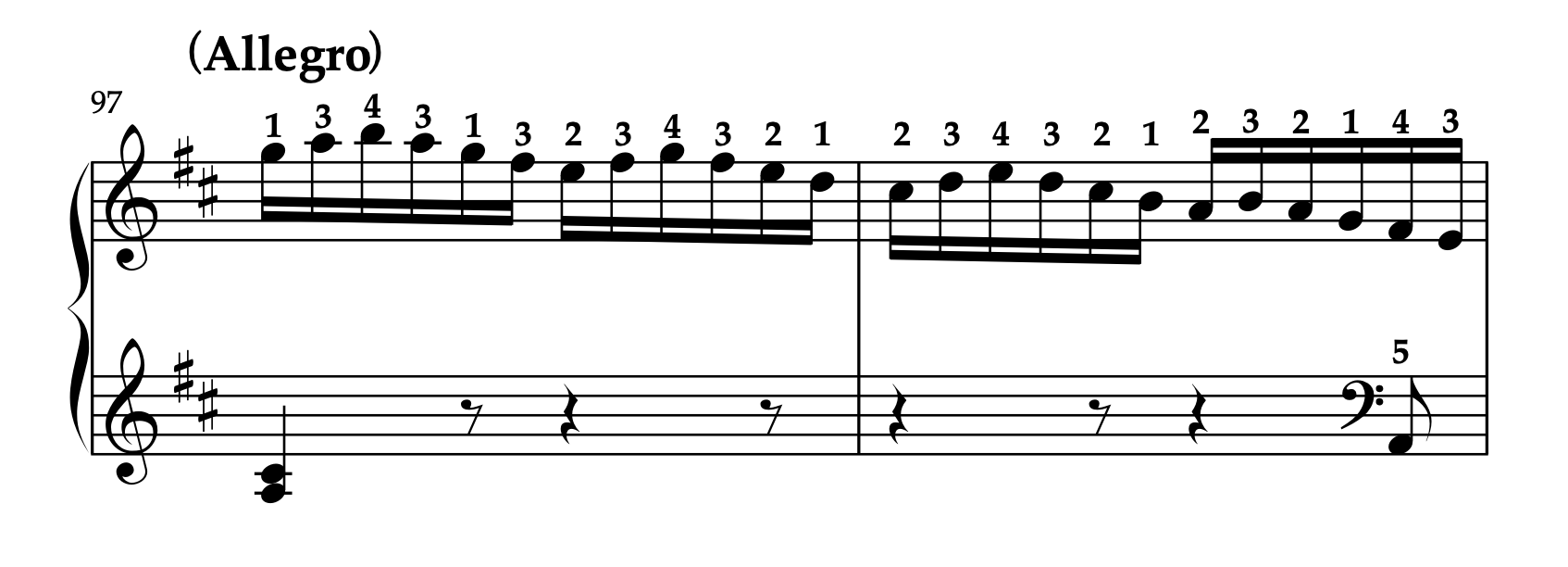モーツァルト「ピアノソナタ ニ長調 K.576 第1楽章」97-98小節の楽譜。再現部への入口となる運指参考例を示している。