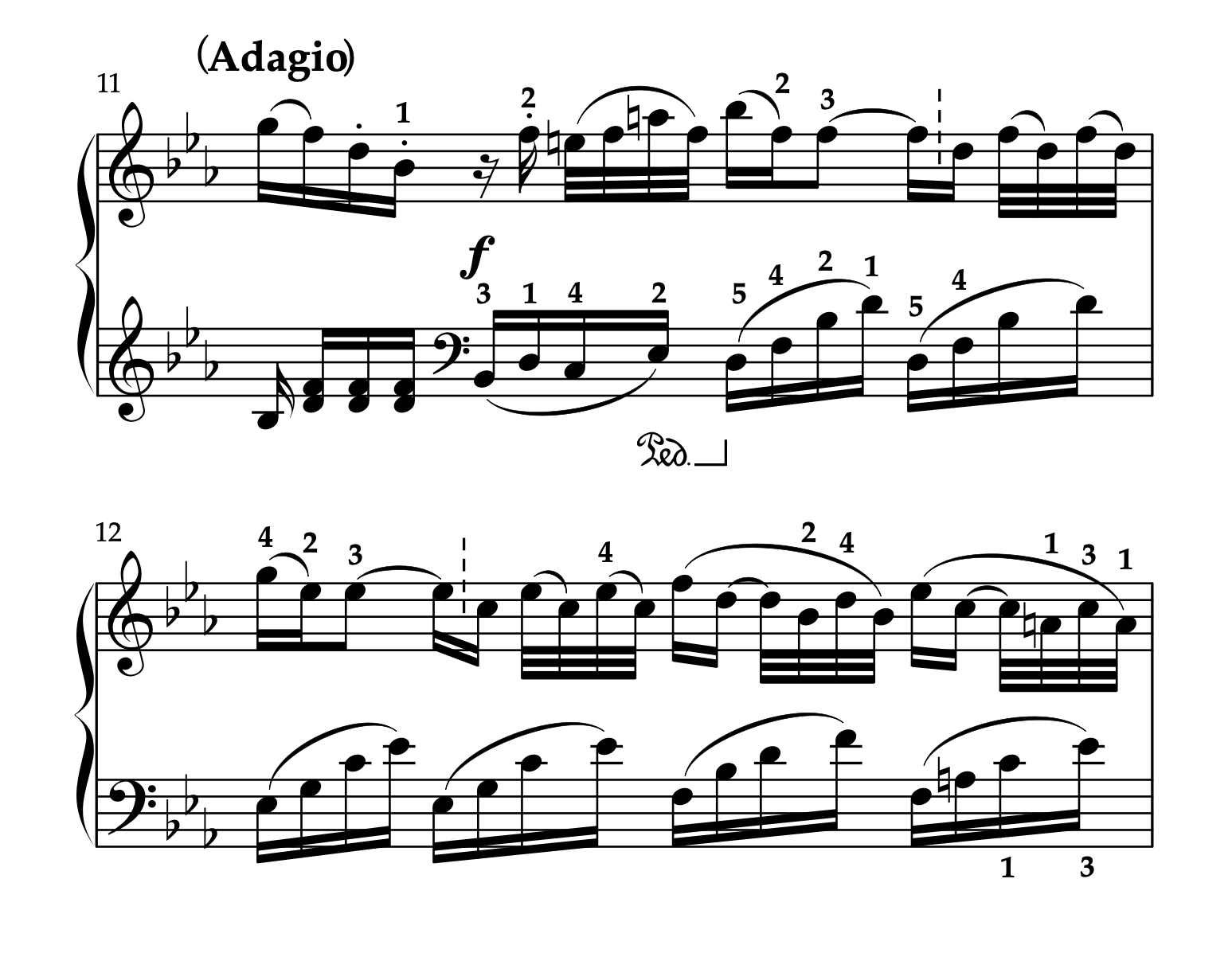 モーツァルト「ピアノソナタ 変ホ長調 K.282 第1楽章」11-12小節の譜例。左手の跳躍処理とフレーズの切れ目を示す。