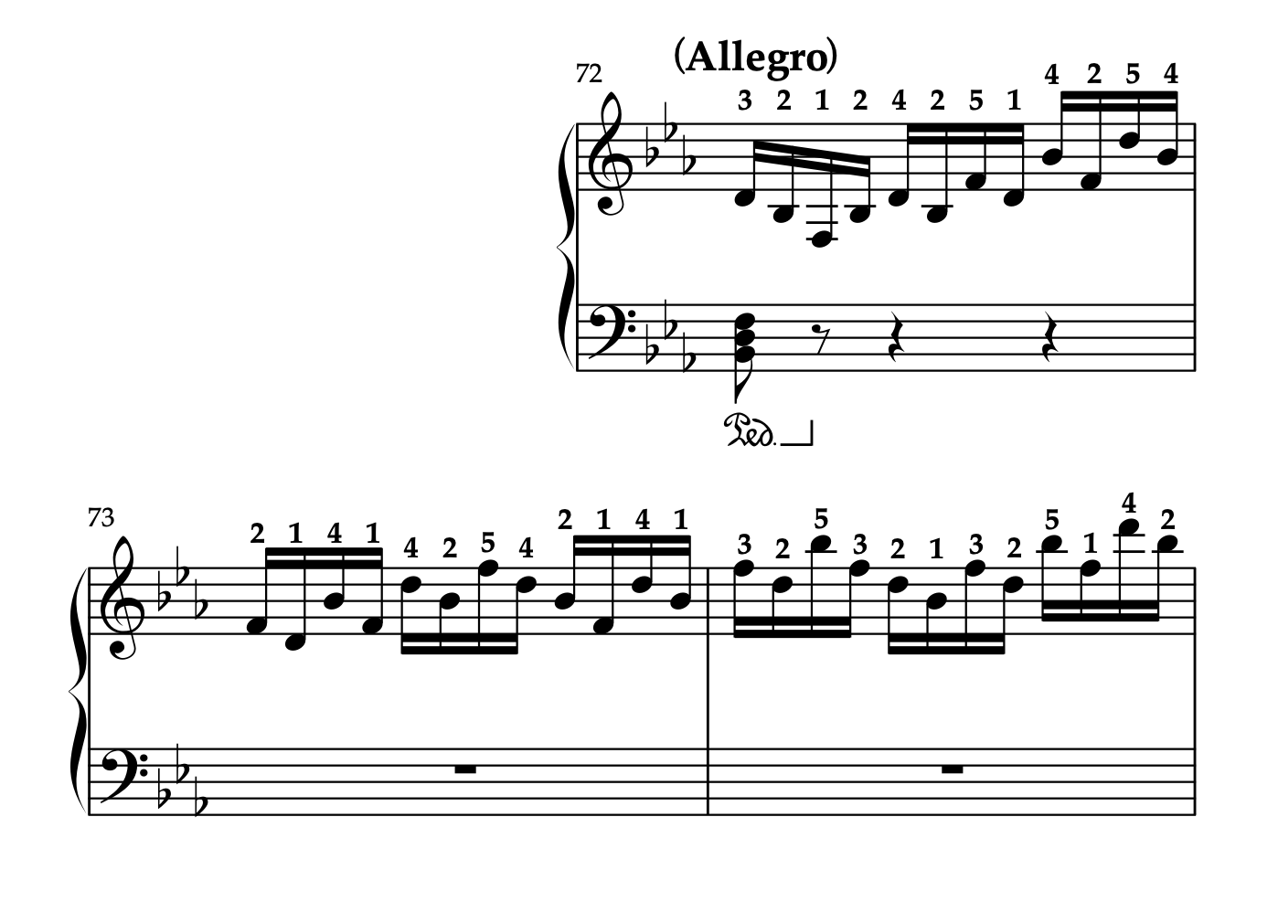 ベートーヴェン「ピアノソナタ 第18番 変ホ長調 Op.31-3 第1楽章」72-74小節の楽譜。運指とペダリングの書き込み例。