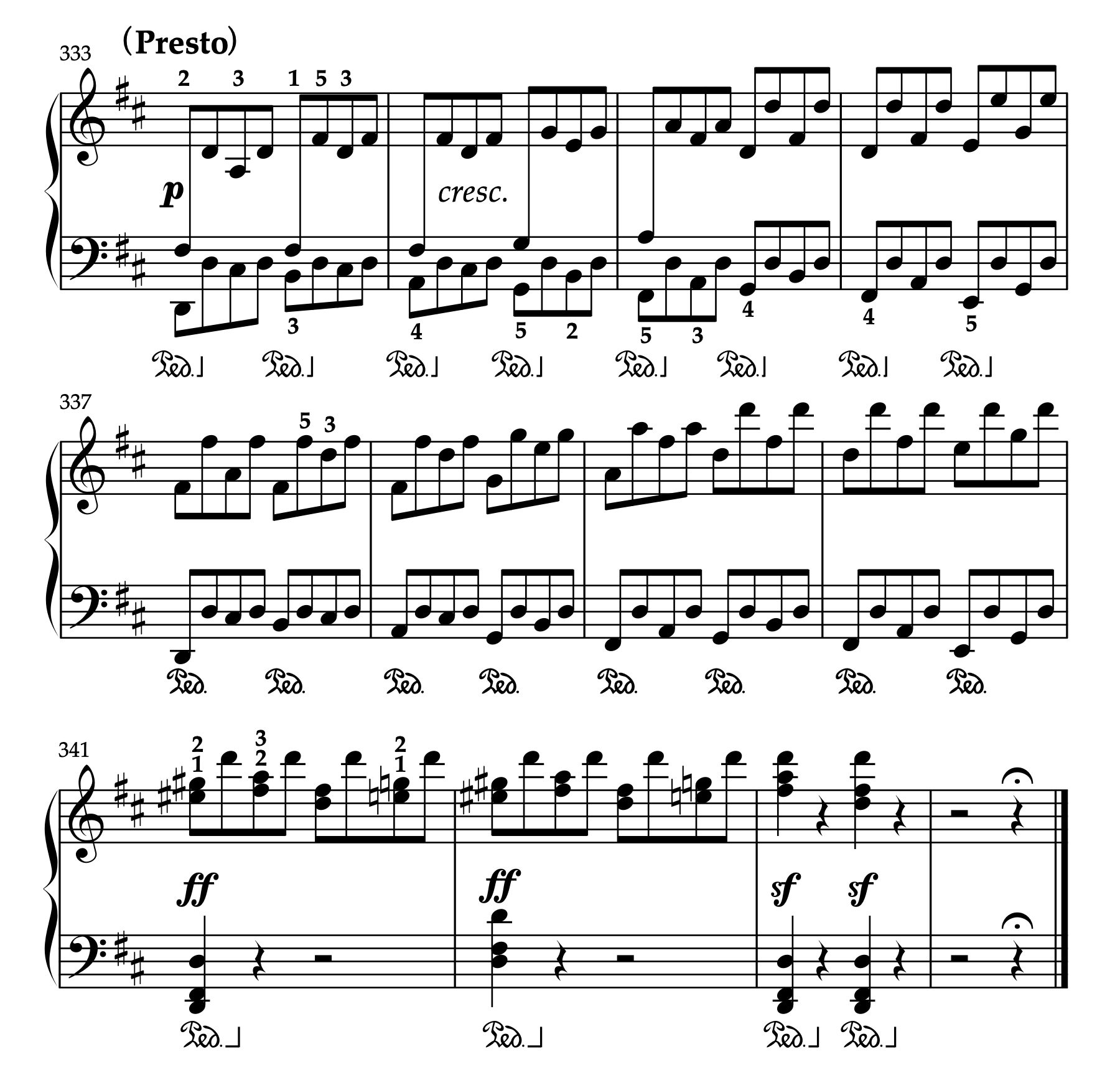 ベートーヴェン「ピアノソナタ 第7番 ニ長調 Op.10-3 第1楽章」333-344小節の譜例。運指・ペダリングの書き込みあり。