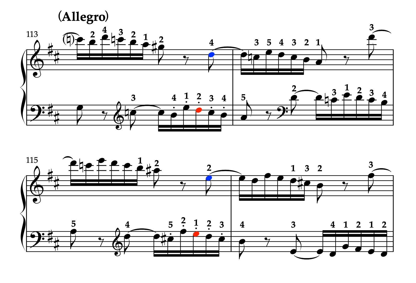 モーツァルト「ピアノソナタ ニ長調 K.576 第1楽章」113-116小節の楽譜。右手と左手の同音連打の難所と、左手スタッカートによる解決策を示している。