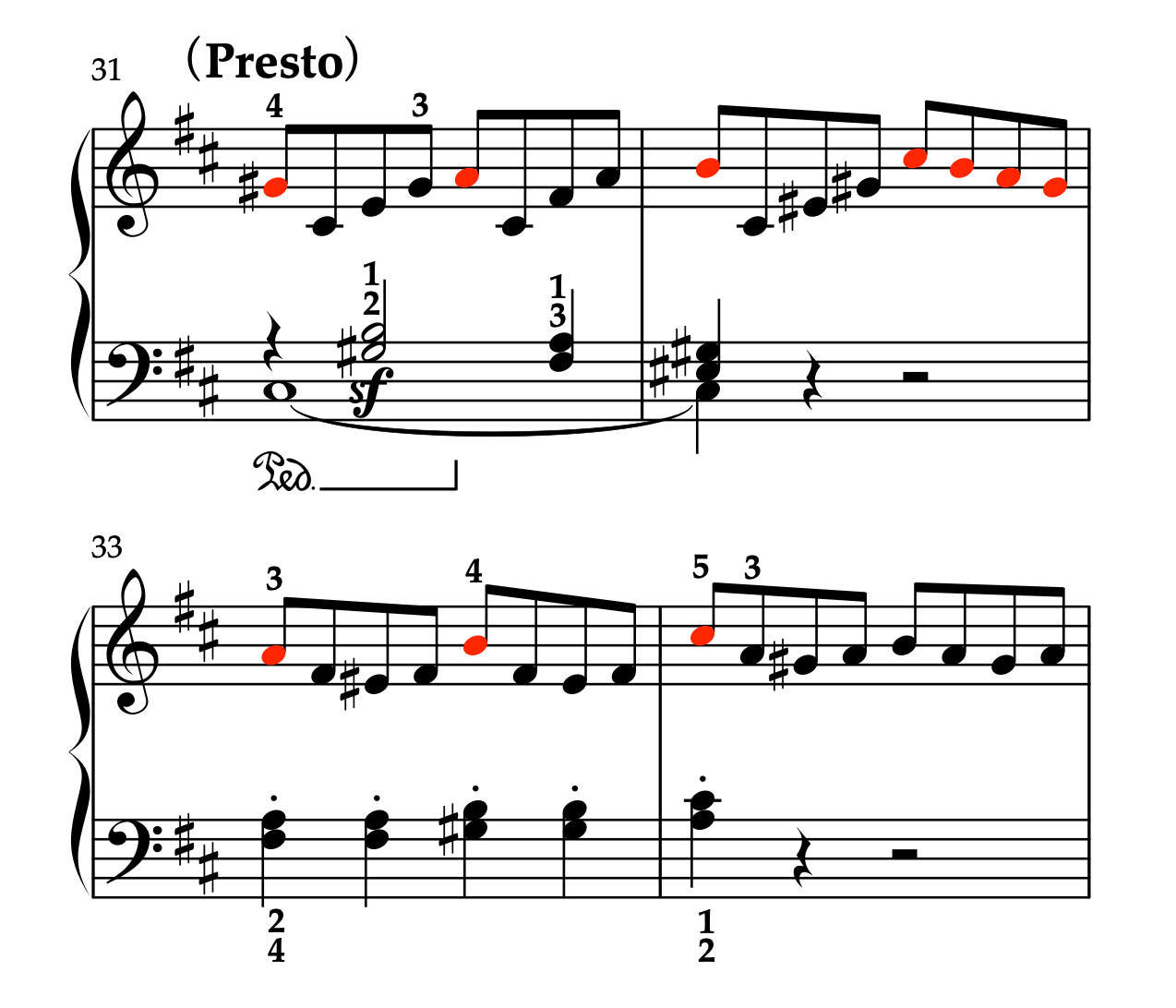 ベートーヴェン「ピアノソナタ 第7番 ニ長調 Op.10-3 第1楽章」31-34小節の譜例。運指・ペダリングの書き込みあり。