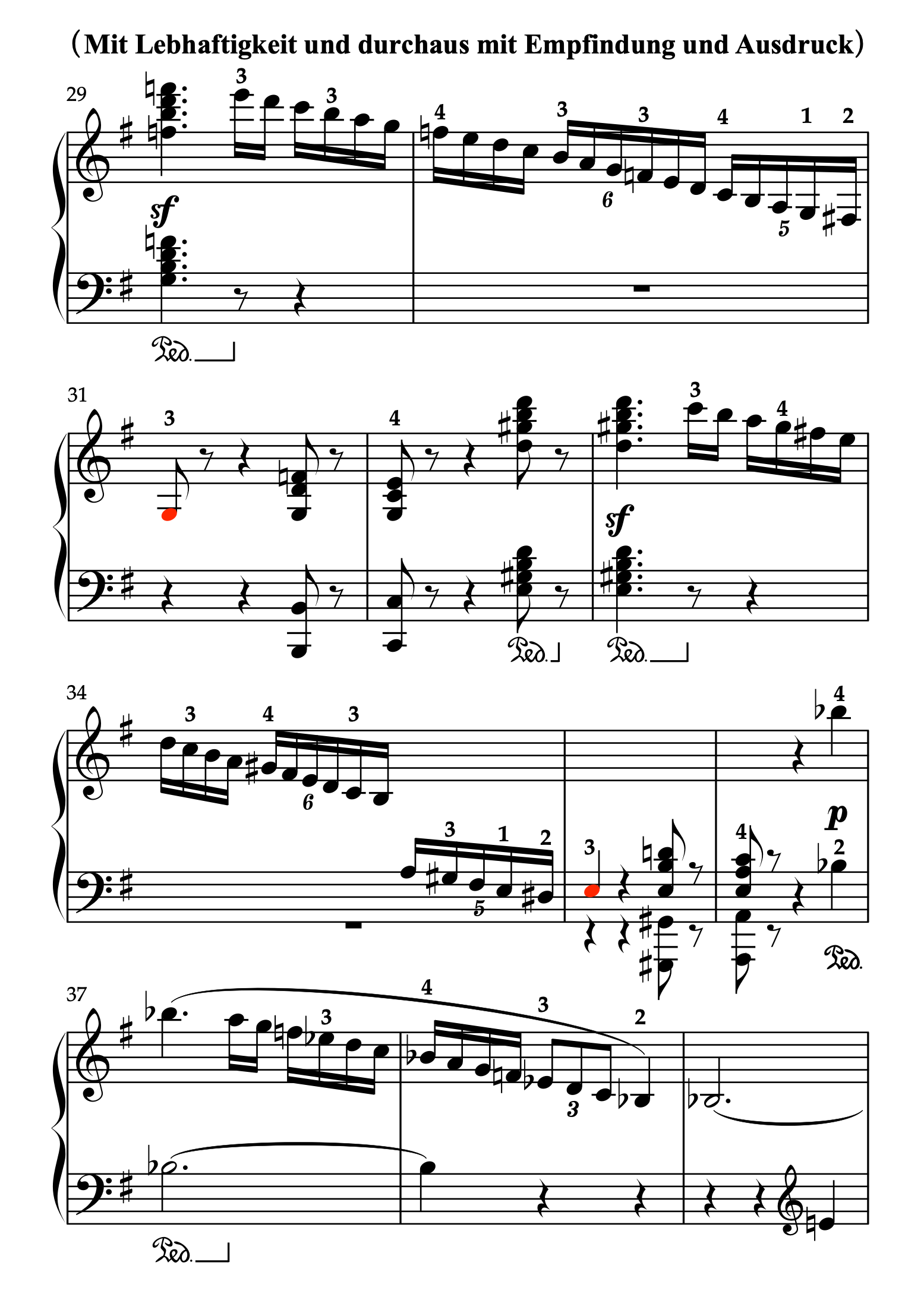 ベートーヴェン「ピアノソナタ 第27番 ホ短調 Op.90 第1楽章」29-39小節の運指・ペダリング参考譜例。