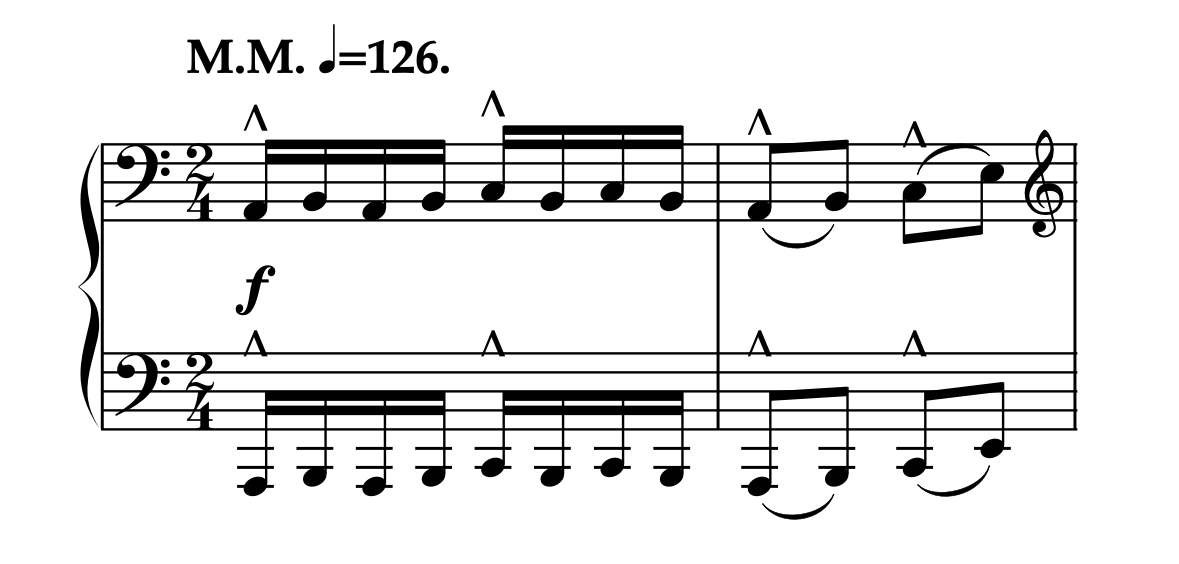 シューマン「ユーゲントアルバム Op.68-12 サンタクロース」冒頭の楽譜。トリル音型が書き譜として表記されている。