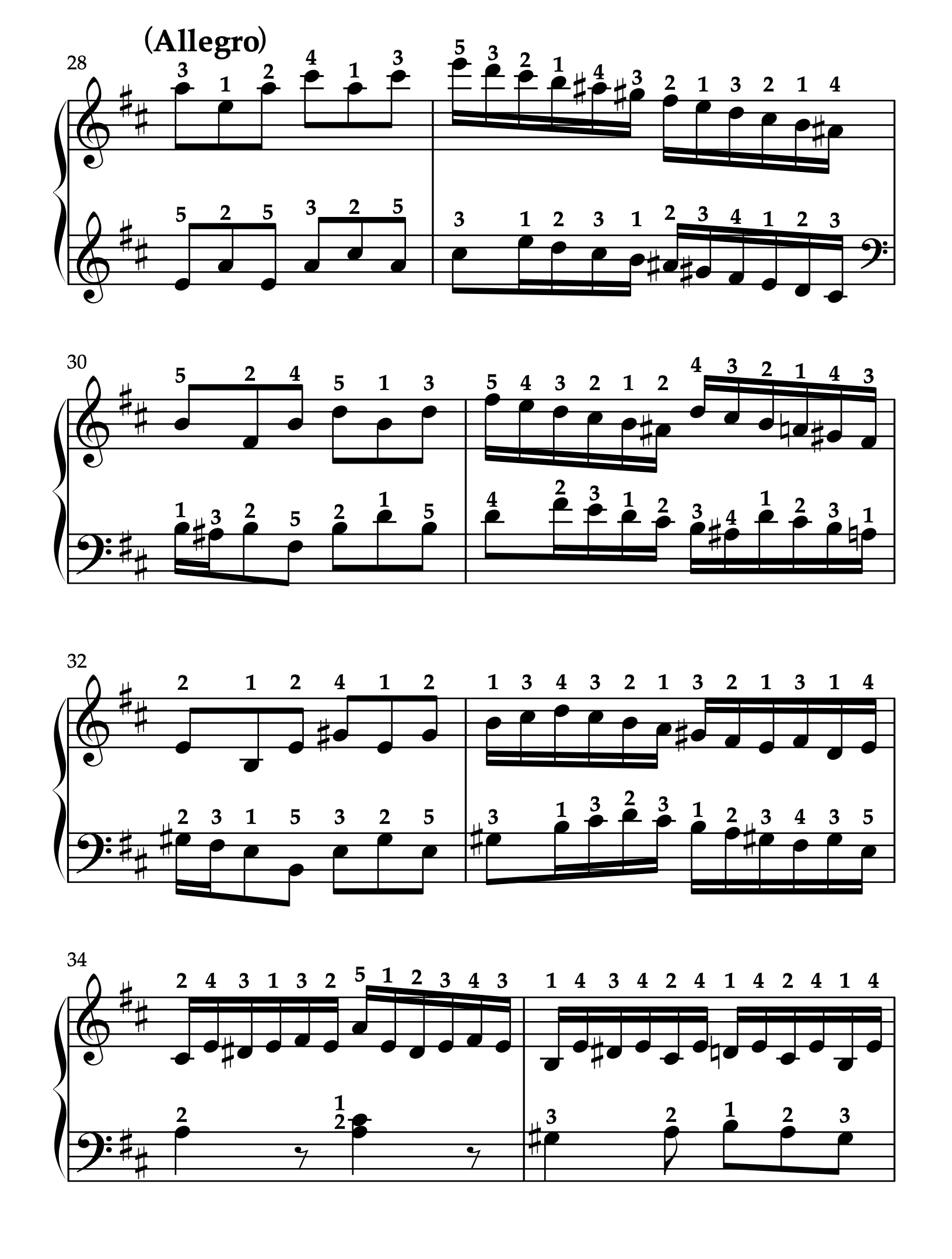 モーツァルト「ピアノソナタ ニ長調 K.576 第1楽章」28-35小節の楽譜。第2主題冒頭の運指参考例を示している。