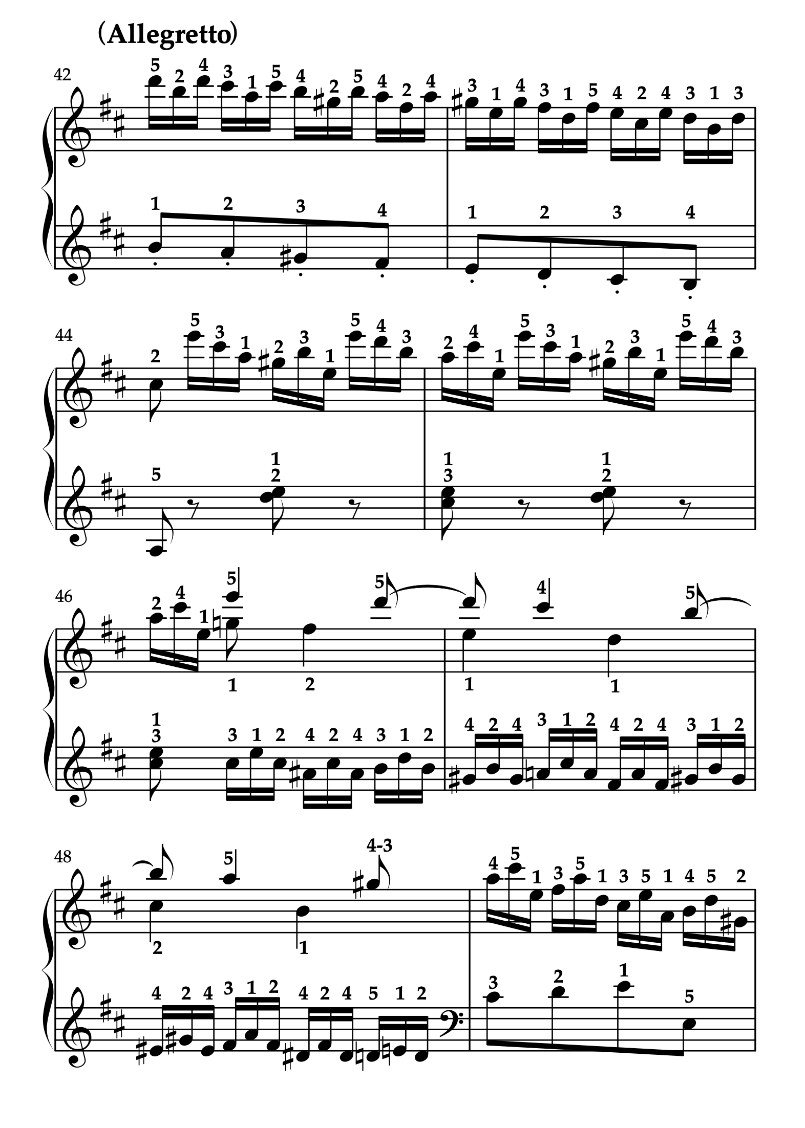 モーツァルト「ピアノソナタ ニ長調 K.576 第3楽章」42-49小節の楽譜。提示部中盤の運指参考例を示している。