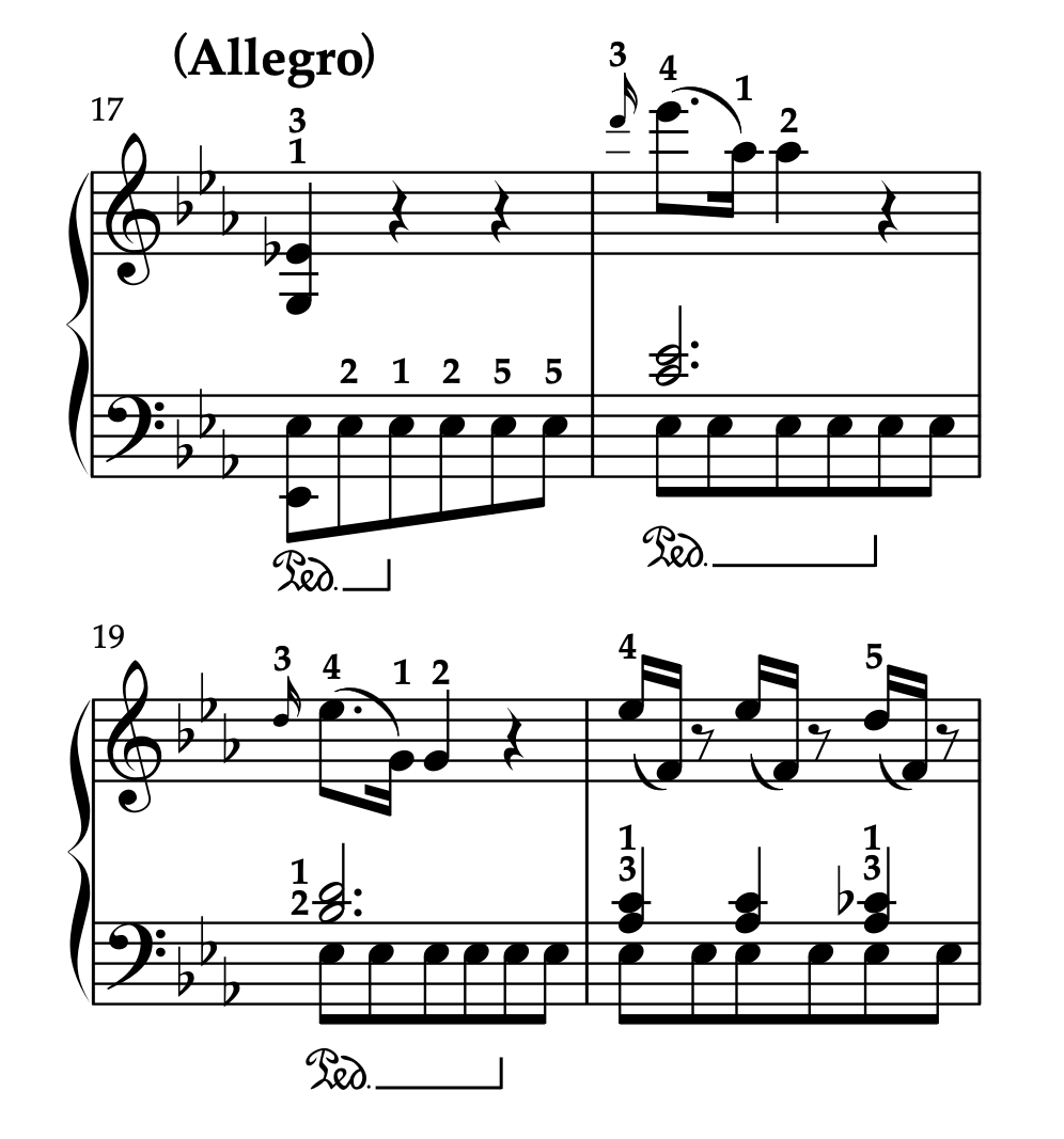 ベートーヴェン「ピアノソナタ 第18番 変ホ長調 Op.31-3 第1楽章」17-20小節の楽譜。運指とペダリングの書き込み例。