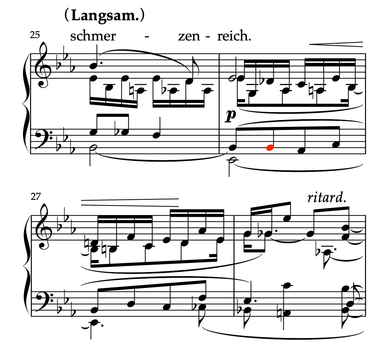 クララ・シューマン編曲「君の顔」25-28小節の楽譜。バス音から内声への別声部タイの実例。
