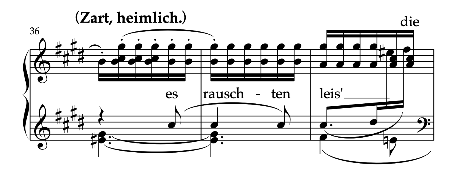 クララ編曲「月の夜」36-38小節の楽譜。メロディラインが伴奏部分の間に入り込んだ入れ子書法の例。