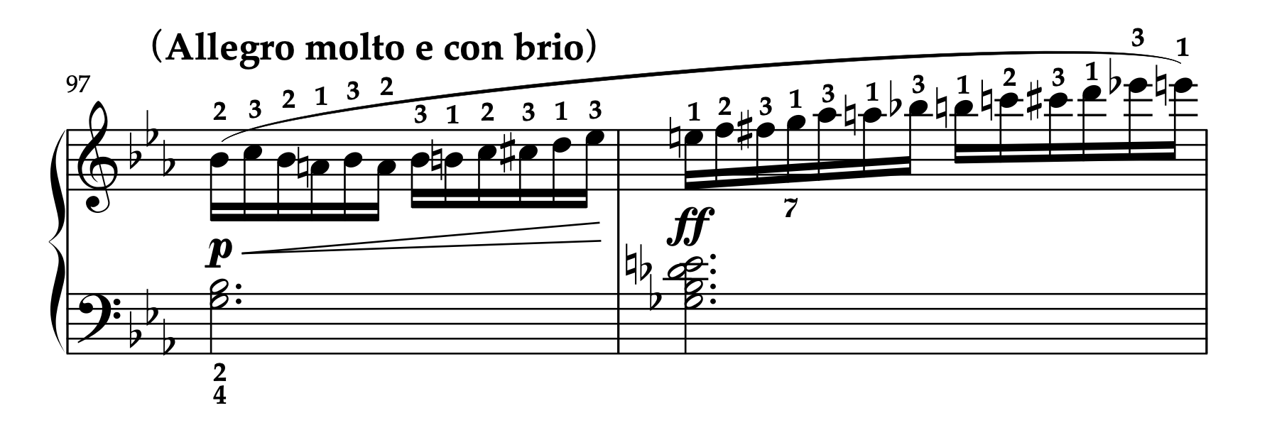 ベートーヴェン「ピアノソナタ 第4番 変ホ長調 Op.7 第1楽章」の楽譜、97-98小節。