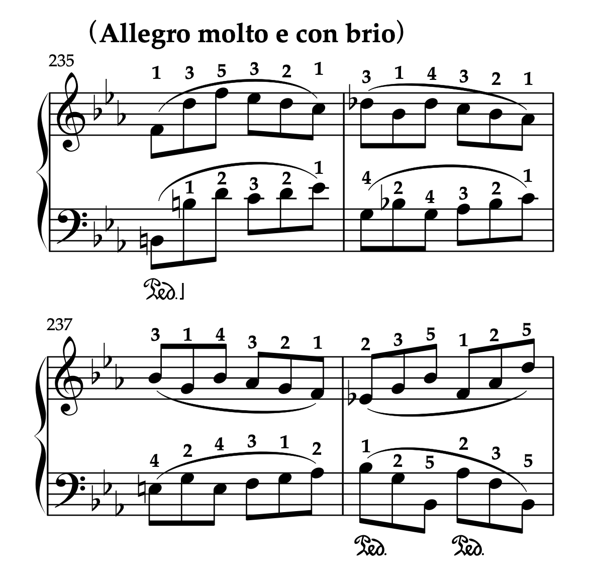 ベートーヴェン「ピアノソナタ 第4番 変ホ長調 Op.7 第1楽章」の楽譜、235-238小節。