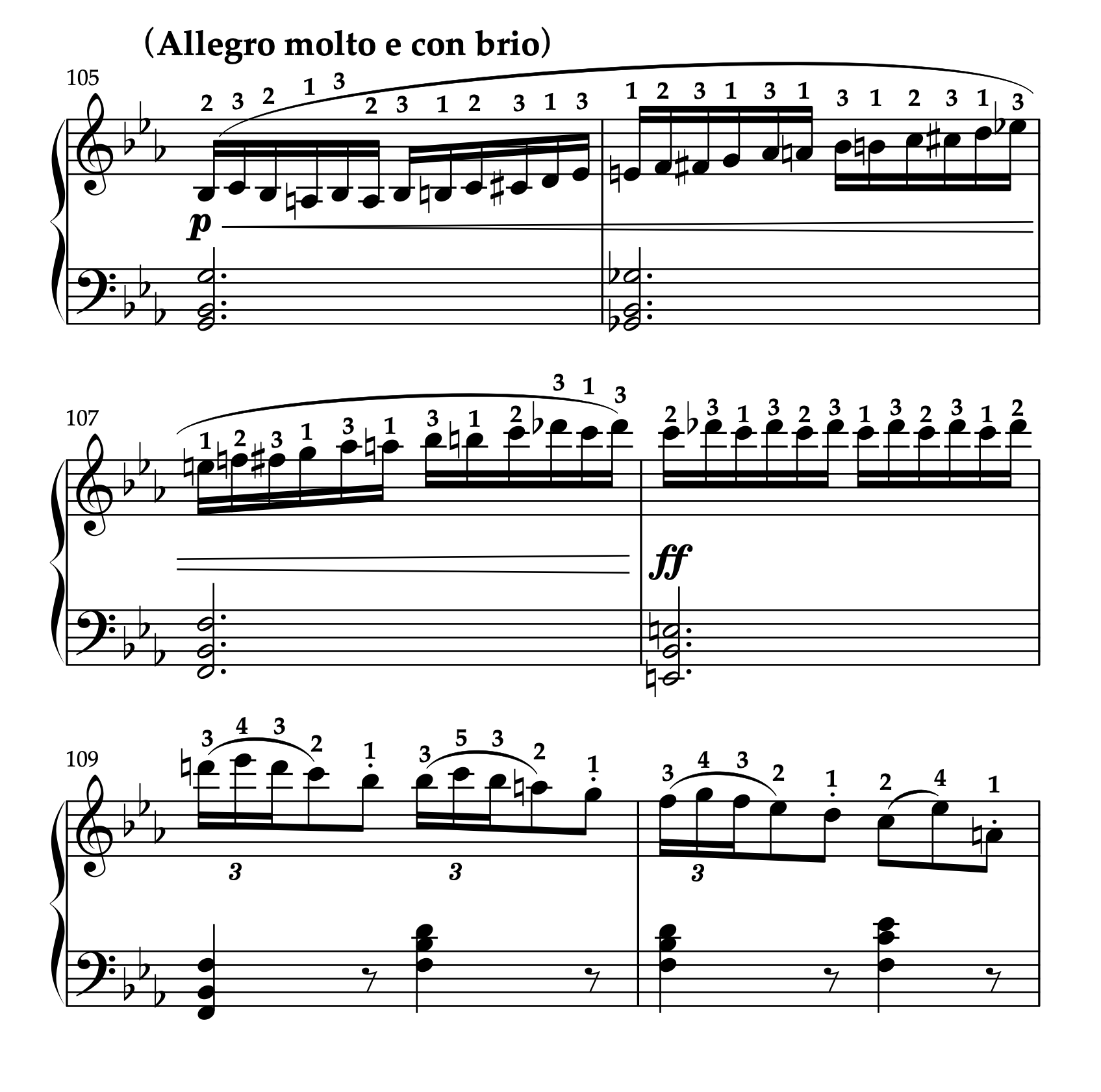 ベートーヴェン「ピアノソナタ 第4番 変ホ長調 Op.7 第1楽章」の楽譜、105-110小節。