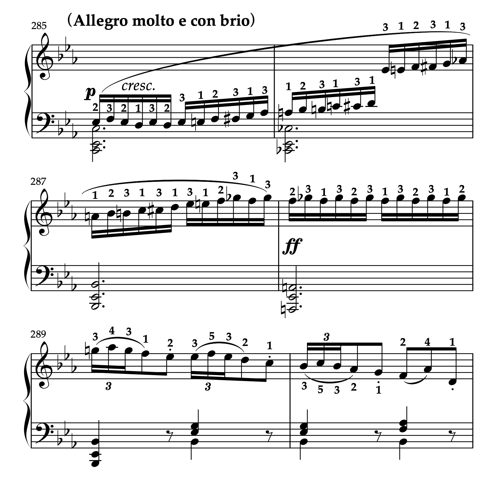 ベートーヴェン「ピアノソナタ 第4番 変ホ長調 Op.7 第1楽章」の楽譜、285-290小節。