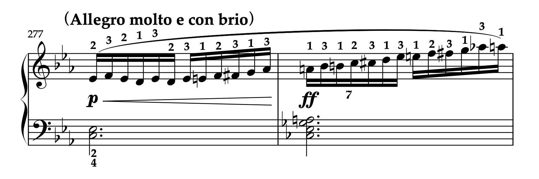 ベートーヴェン「ピアノソナタ 第4番 変ホ長調 Op.7 第1楽章」の楽譜、277-278小節。