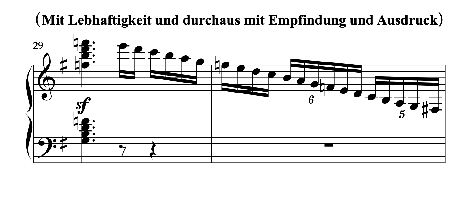 ベートーヴェン「ピアノソナタ 第27番 ホ短調 Op.90 第1楽章」29-30小節:様々な音価が混在するパッセージの楽譜。