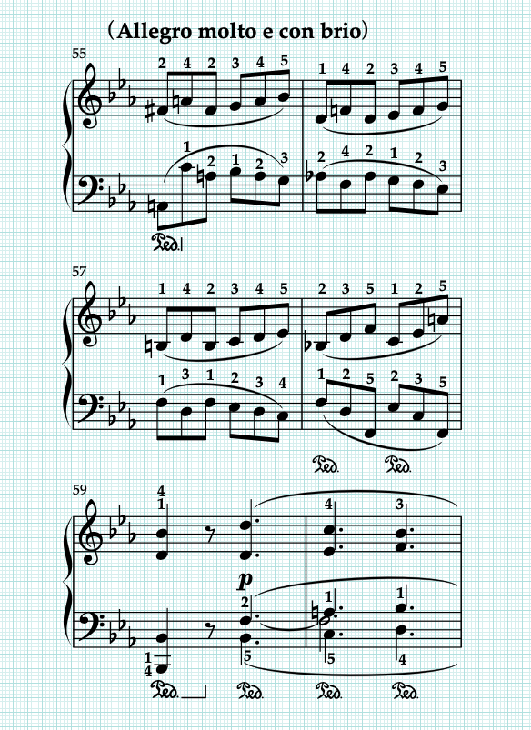 ベートーヴェン「ピアノソナタ 第4番 変ホ長調 Op.7 第1楽章」55-60小節の譜例。グリッドを活用して作成。