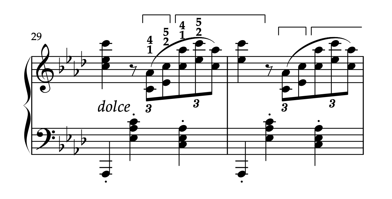 ブラームス「16のワルツ 第15番 Op.39-15 変イ長調」29-30小節、和音のまとまりを崩さずに横へスライドする引っ越しの例。