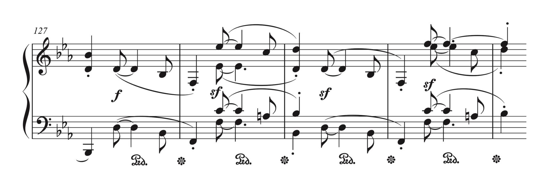ベートーヴェン「ピアノソナタ 第4番 変ホ長調 Op.7 第1楽章」の楽譜、127-131小節。