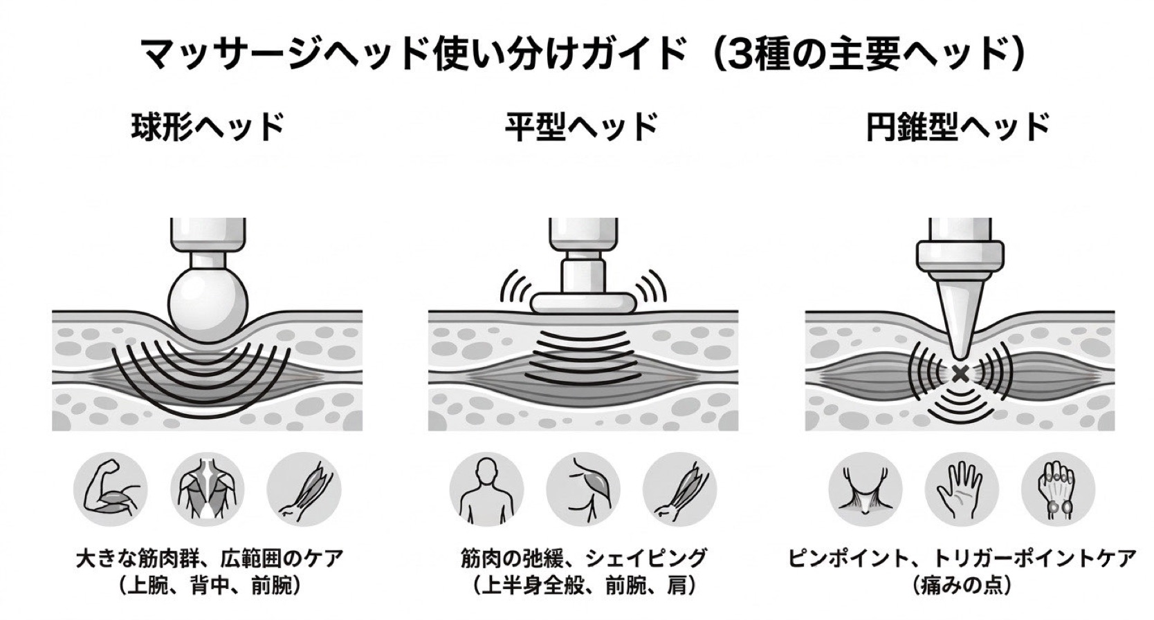 マッサージガンの各ヘッドの特徴と使い分けを示したガイド図