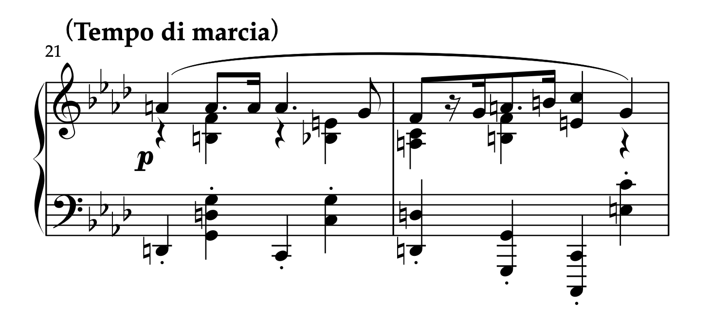 ショパン「幻想曲 ヘ短調 Op.49」21〜22小節の楽譜。大きなスラーの中に挿入された16分休符の例。
