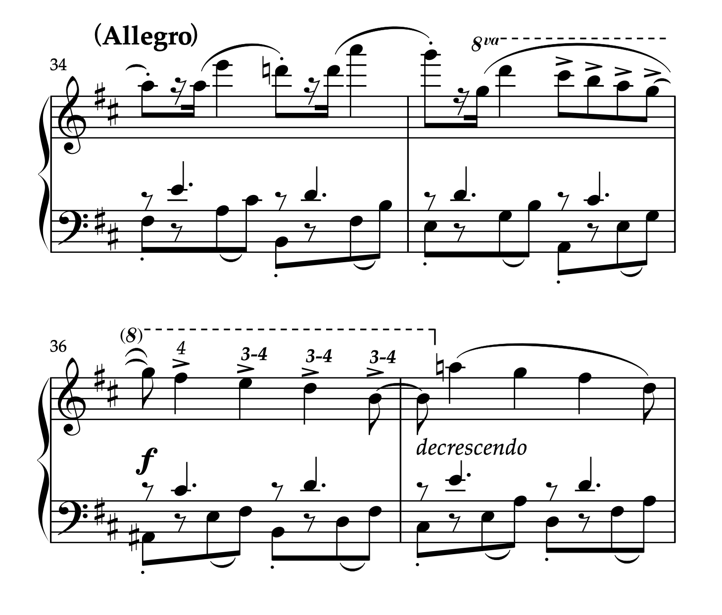 シューマン「アレグロ Op.8」34〜37小節の楽譜。替え指（3-4）を連続させる運指の例。
