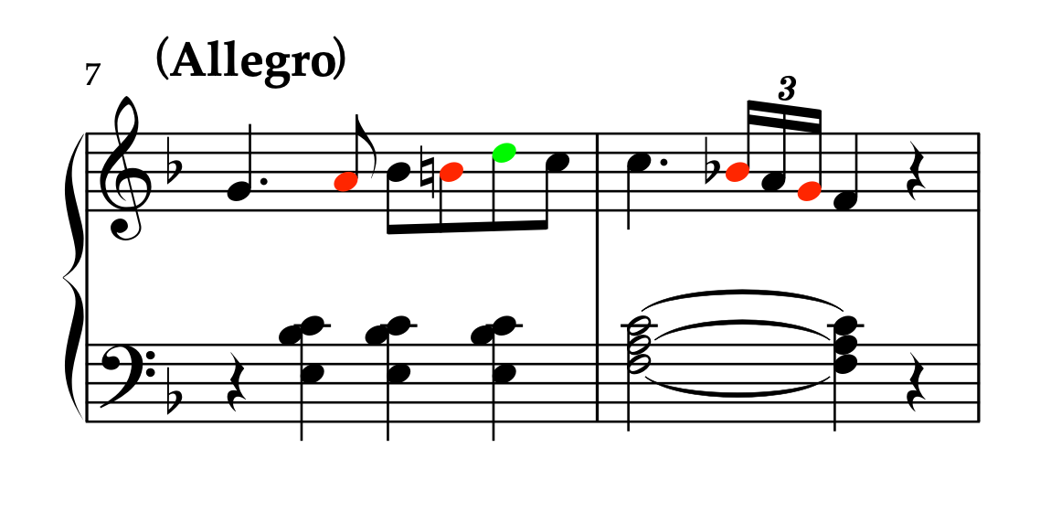 クーラウ「ソナチネ Op.20-3 第1楽章」7-8小節。レッドが経過音、グリーンが倚音の連続を示した譜例。