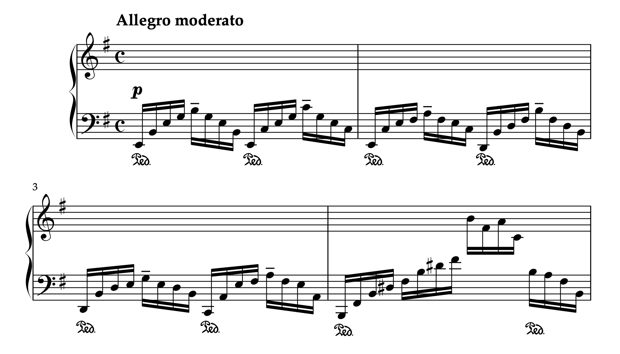 モシュコフスキー「左手のための12の練習曲 Op.92 第4番」1-4小節の楽譜。