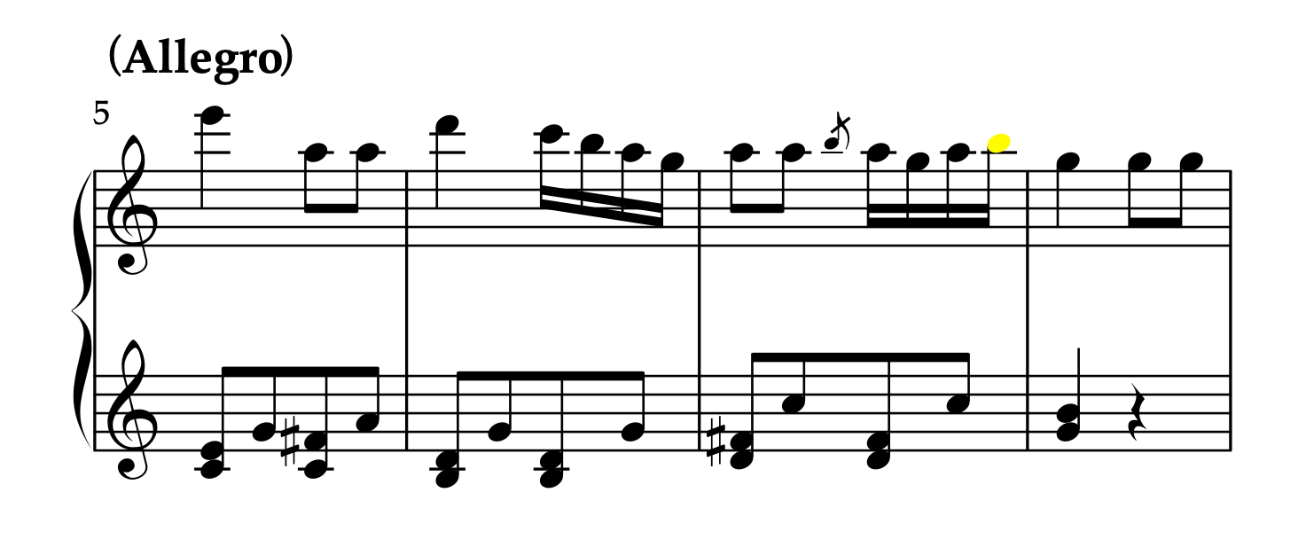 クーラウ「ソナチネ Op.88-1 第3楽章」5-8小節。イエローで逸音を示した譜例。