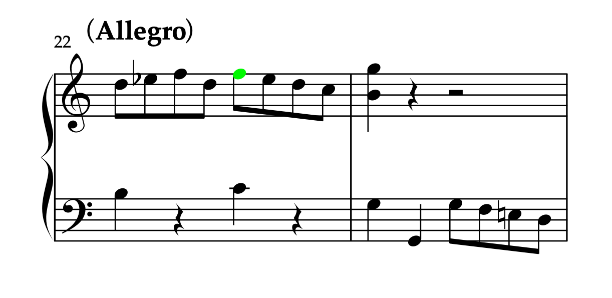 クレメンティ「ソナチネ Op.36-1 第1楽章」22-23小節。グリーンで倚音（解決の方向と逆方向からの到達）を示した譜例。