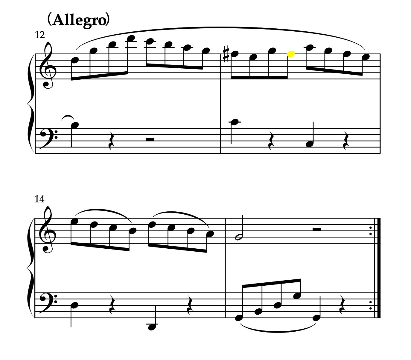 クレメンティ「ソナチネ Op.36-1 第1楽章」12-15小節。逸音を示した譜例。