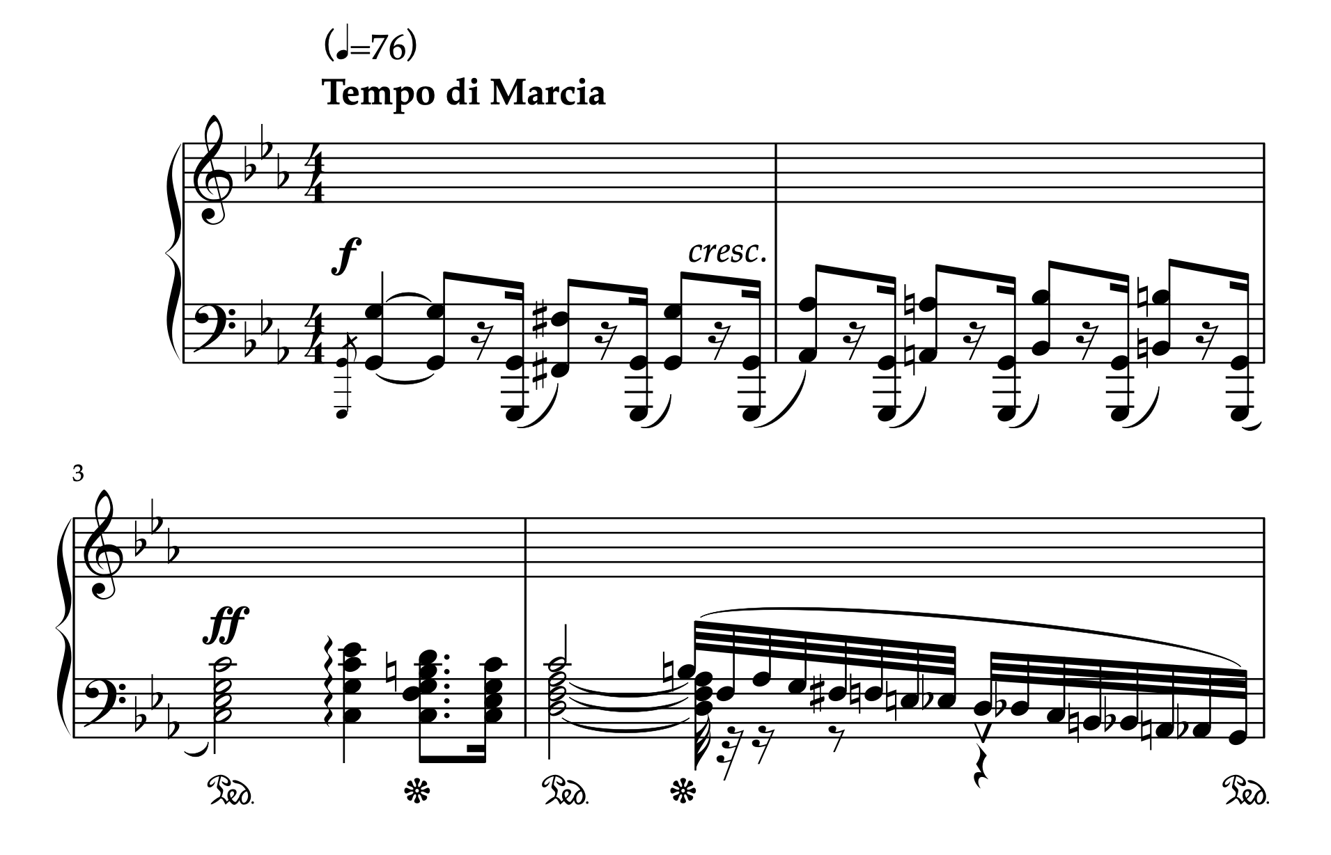 ドライショク「『ゴッド・セイヴ・ザ・クイーン』による大変奏曲 Op.129(左手のための)」譜例(1〜4小節)