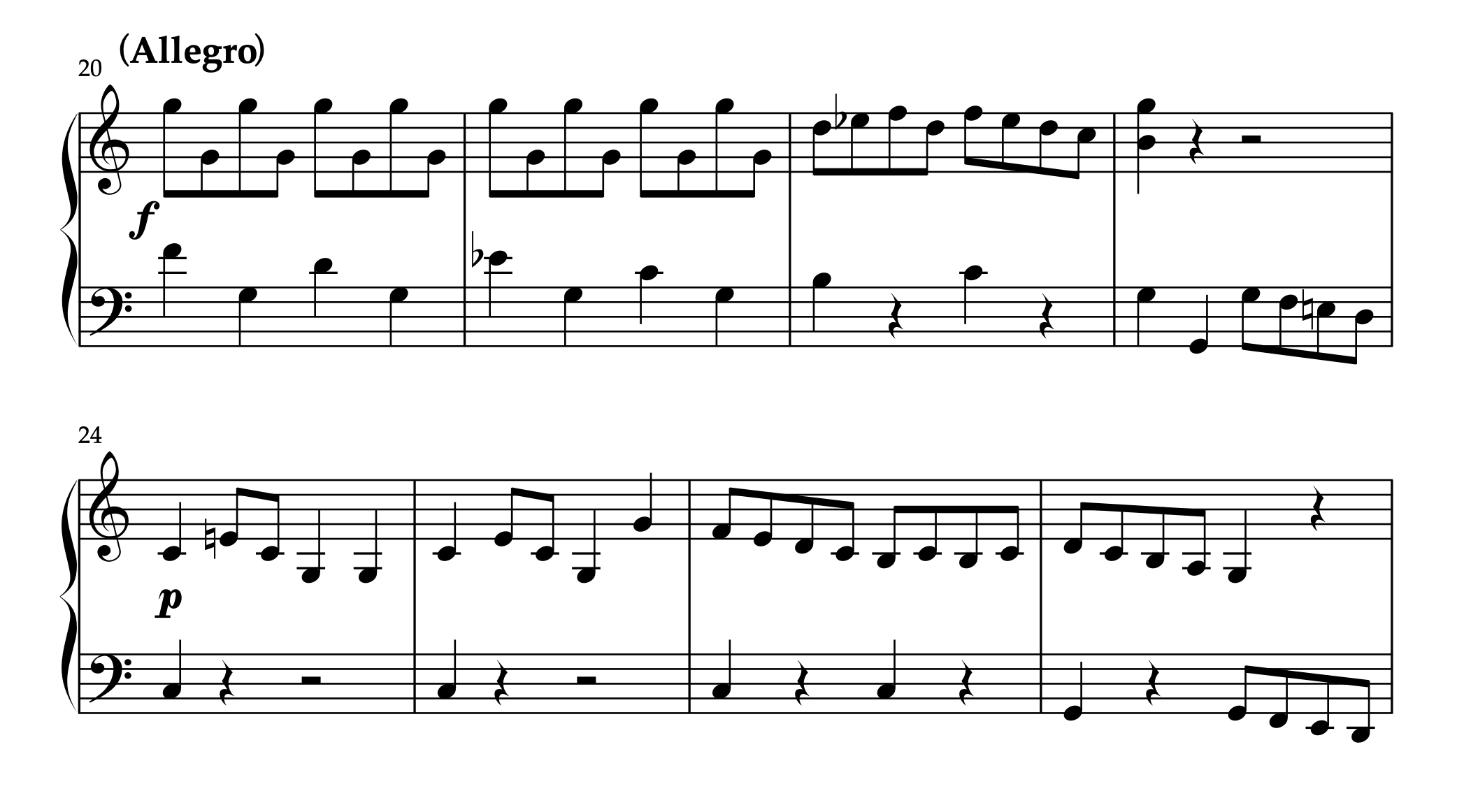 クレメンティ「ソナチネ Op.36-1 第1楽章」20-27小節。20-23小節の属音保続音と、24小節目からの再現部を示した譜例。